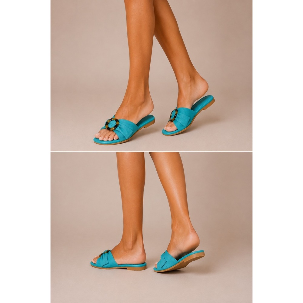 Karen Scott Turquoise Slide Sandals Women's 6.5M Tortoise Buckle Flats‎ Trendy